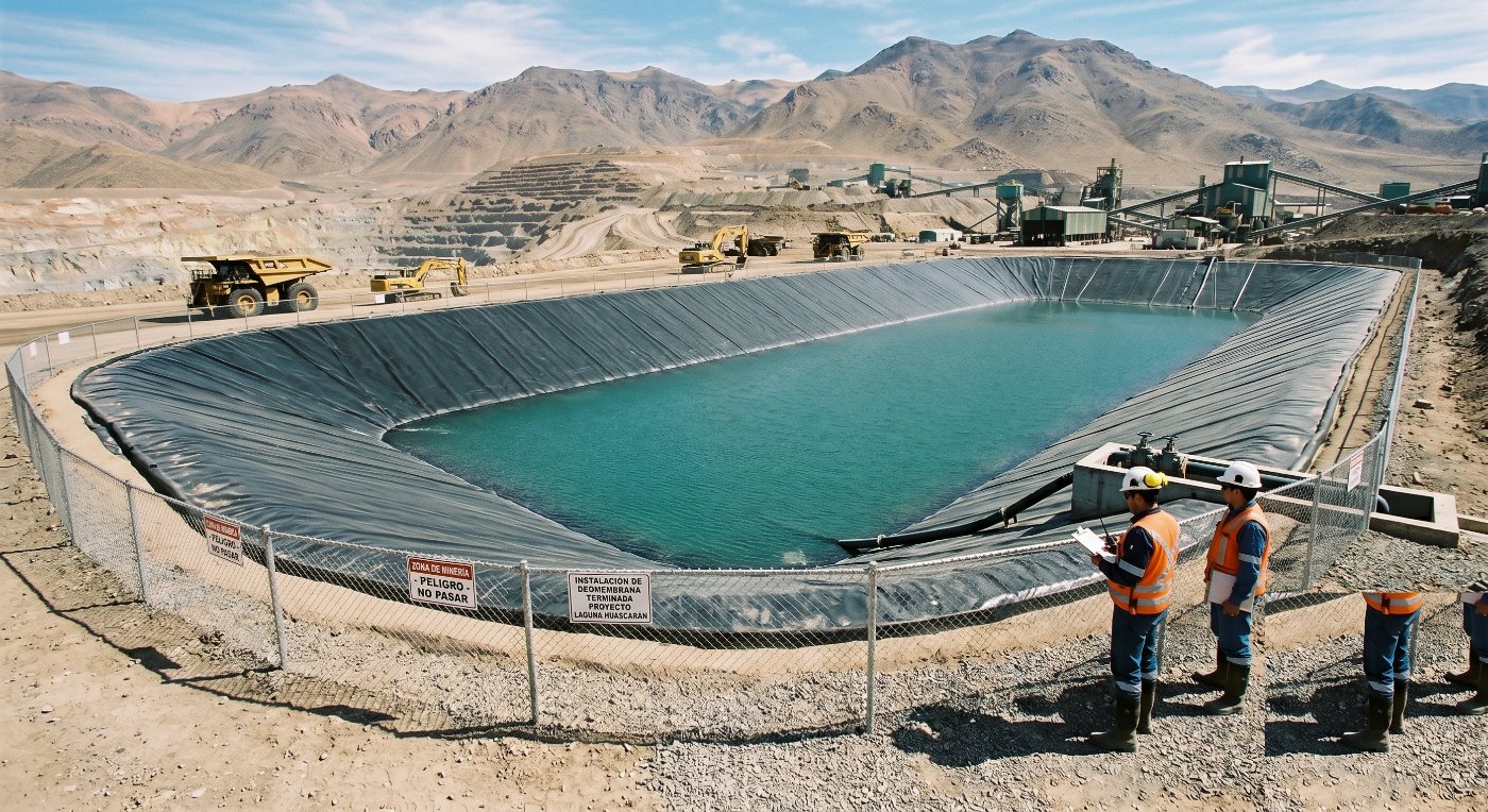 Pila de lixiviación impermeabilizada con geomembrana HDPE en faena minera